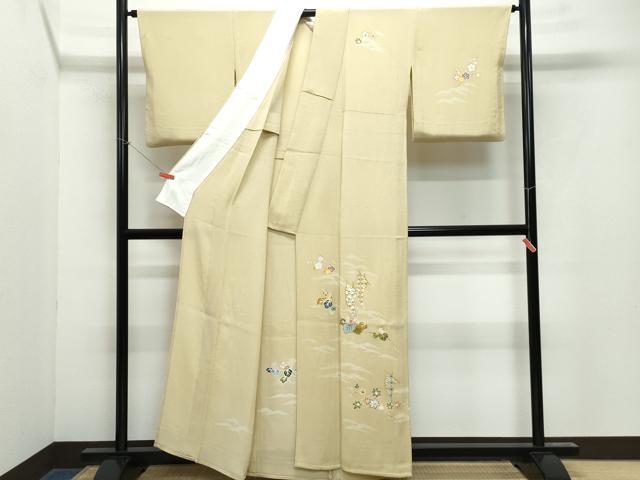 平和屋本店▽極上 訪問着 単衣 刺繍 立波桐吉祥文 金彩 鬼しぼ縮緬 木蘭色地 逸品 CZAA3829s5