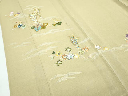 平和屋本店▽極上 訪問着 単衣 刺繍 立波桐吉祥文 金彩 鬼しぼ縮緬 木蘭色地 逸品 CZAA3829s5
