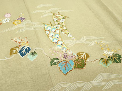 平和屋本店▽極上 訪問着 単衣 刺繍 立波桐吉祥文 金彩 鬼しぼ縮緬 木蘭色地 逸品 CZAA3829s5