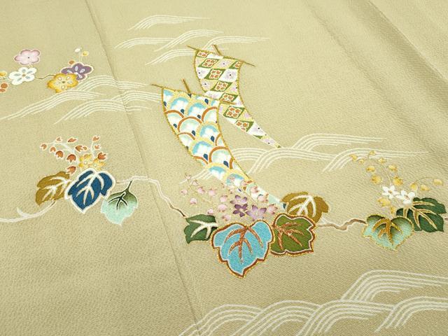 平和屋本店▽極上 訪問着 単衣 刺繍 立波桐吉祥文 金彩 鬼しぼ縮緬 木蘭色地 逸品 CZAA3829s5