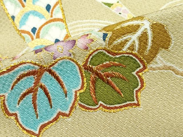 平和屋本店▽極上 訪問着 単衣 刺繍 立波桐吉祥文 金彩 鬼しぼ縮緬 木蘭色地 逸品 CZAA3829s5