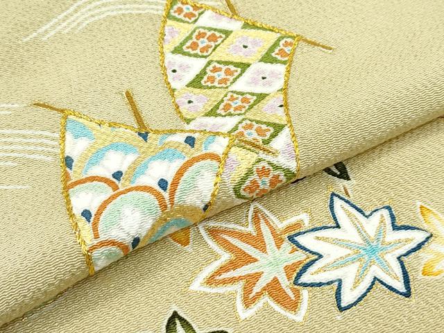 平和屋本店▽極上 訪問着 単衣 刺繍 立波桐吉祥文 金彩 鬼しぼ縮緬 木蘭色地 逸品 CZAA3829s5