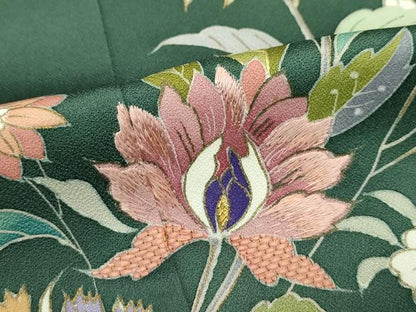平和屋本店●極上　創業460年・千總　訪問着　刺繍　更紗花文　金彩　千歳緑色地　小田急百貨店扱い　逸品　CZAA5026s6