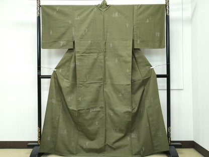 平和屋着物■極上　紬　単衣　猫　海松色地　逸品　未使用　CZAA3851s5