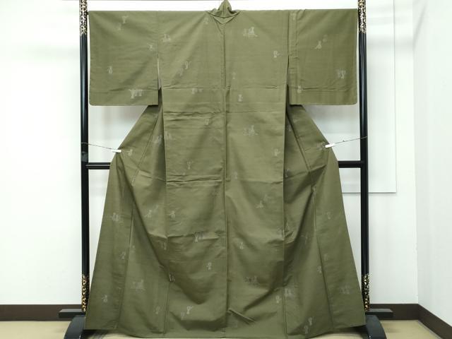 平和屋着物■極上　紬　単衣　猫　海松色地　逸品　未使用　CZAA3851s5