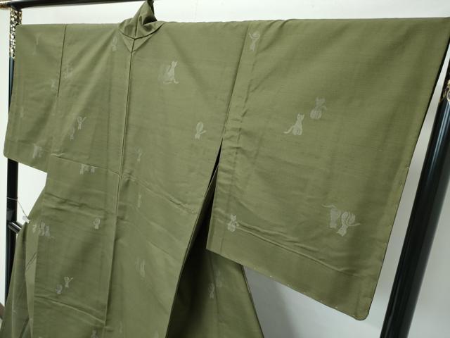 平和屋着物■極上　紬　単衣　猫　海松色地　逸品　未使用　CZAA3851s5