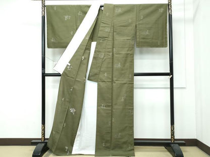 平和屋着物■極上　紬　単衣　猫　海松色地　逸品　未使用　CZAA3851s5