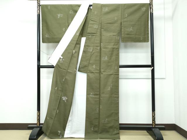 平和屋着物■極上　紬　単衣　猫　海松色地　逸品　未使用　CZAA3851s5
