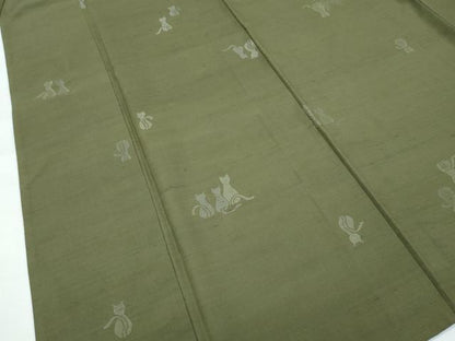平和屋着物■極上　紬　単衣　猫　海松色地　逸品　未使用　CZAA3851s5