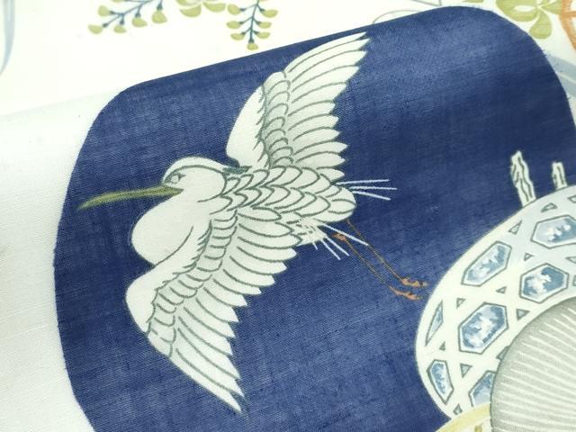 平和屋着物●極上 アンティーク 大正ロマン 全通柄 九寸名古屋帯 団扇 白鷺 綿麻 逸品 CZAA3878s5