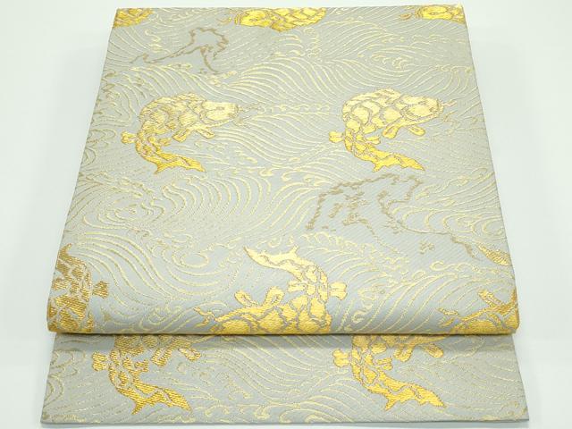 平和屋着物●極上 龍村美術織物 たつむら 九寸開き名古屋帯 踊鯉 金糸 柳鼠色地 逸品 CZAA3917s5