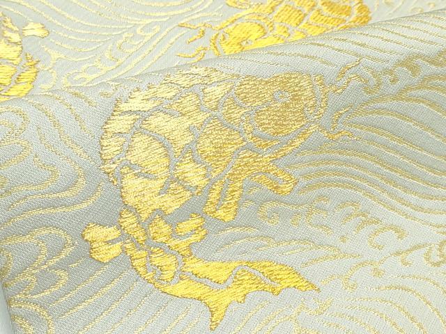 平和屋着物●極上 龍村美術織物 たつむら 九寸開き名古屋帯 踊鯉 金糸 柳鼠色地 逸品 CZAA3917s5