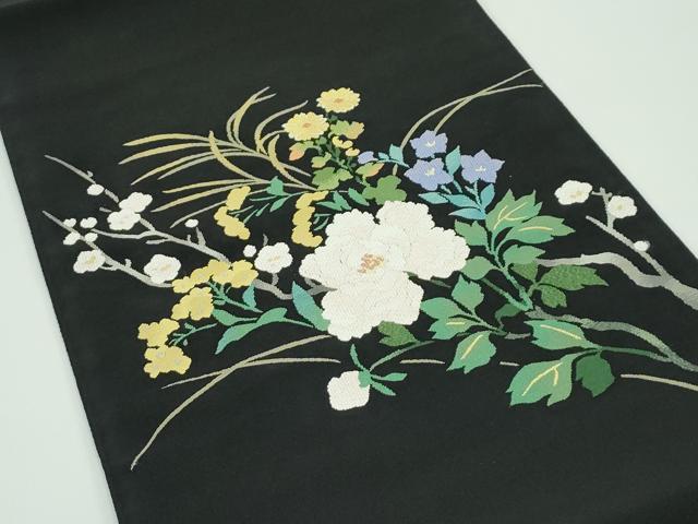 平和屋本店■極上　爪掻き本綴れ　西陣　川島織物　八寸名古屋帯　草花文　黒地　三越扱い　逸品　未使用　CZAA3947s5