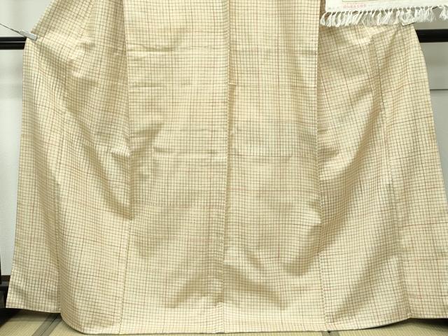 平和屋本店■極上　石川県指定無形文化財　牛首紬　白山工房　手織り　格子柄　砥粉色地　加藤改石謹製　証紙付き　逸品　CZAA3971s5