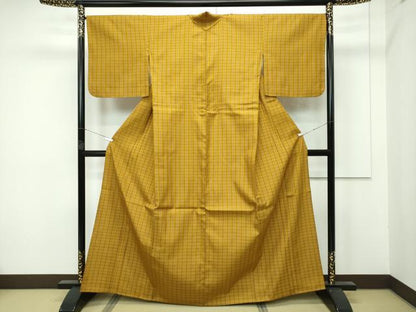 平和屋本店■極上　山下八百子　本場黄八丈　単衣　市松綾織　格子柄　逸品　CZAA3975s5