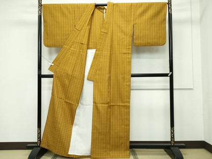 平和屋本店■極上　山下八百子　本場黄八丈　単衣　市松綾織　格子柄　逸品　CZAA3975s5