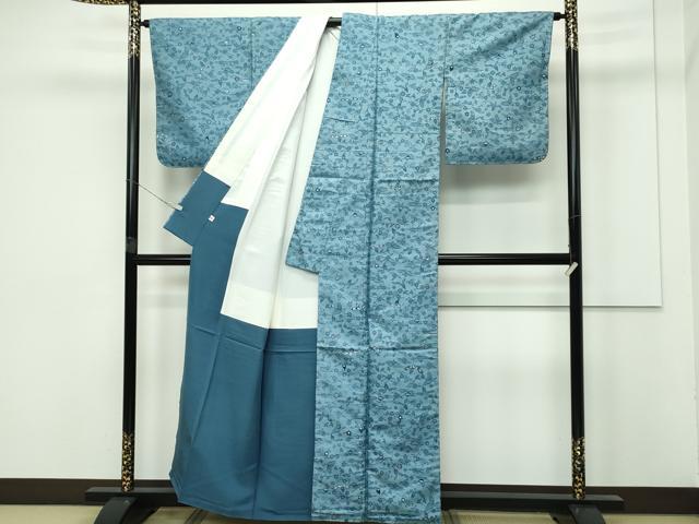 平和屋着物●極上 和染紅型 栗山紅型 栗山吉三郎 白山紬 草花文 水浅葱色地 反端付き 逸品 未使用 CZAA3978s5