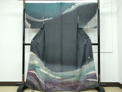 平和屋着物●極上 十日町 名門 滝泰謹製 訪問着 絞り 中国三大刺繍 相良刺繍 霞花文 暈し染め 金通し地 藍墨茶色地 逸品 CZAA5577s6