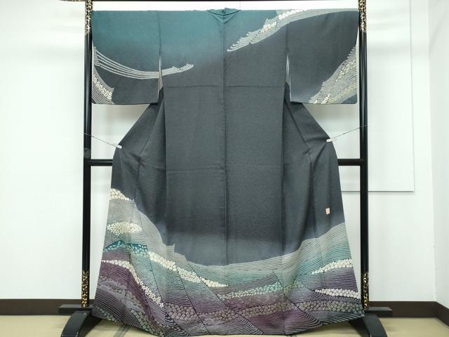平和屋着物●極上 十日町 名門 滝泰謹製 訪問着 絞り 中国三大刺繍 相良刺繍 霞花文 暈し染め 金通し地 藍墨茶色地 逸品 CZAA5577s6