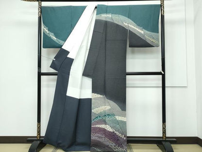 平和屋着物●極上 十日町 名門 滝泰謹製 訪問着 絞り 中国三大刺繍 相良刺繍 霞花文 暈し染め 金通し地 藍墨茶色地 逸品 CZAA5577s6
