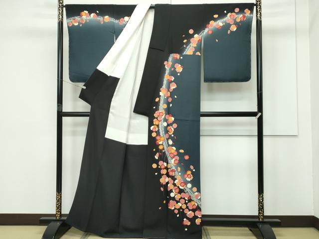 平和屋本店●極上 ジャパンオートクチュール 渡辺雪三郎 訪問着 刺繍 鹿の子梅文 暈し染め 金彩 錆鉄御納戸色地 逸品 未使用CZAA5750s6