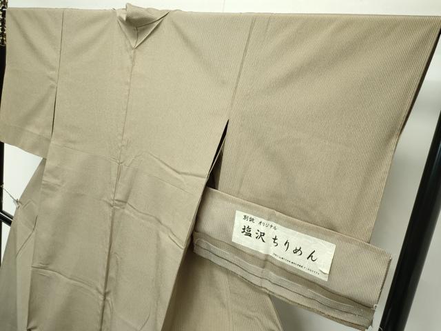 平和屋着物▽極上 塩沢ちりめん 単衣 縞 利休茶色地 証紙付き 逸品 CZAA3994s5