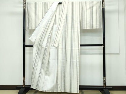 平和屋着物▽極上 結城紬 単衣 間道 砂色地 証紙付き 逸品 未使用 CZAA3997s5