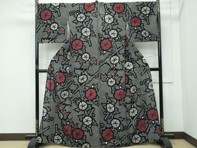 平和屋着物∴極上　夏物　浴衣　有松鳴海絞り　朝顔　黒地　綿　逸品　CZAA5751s6