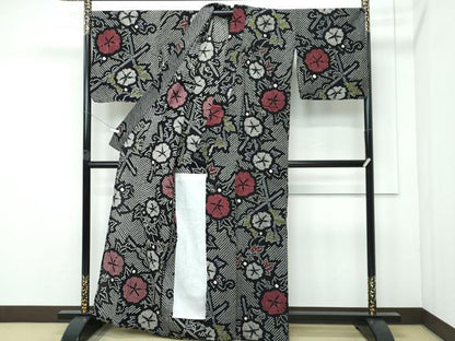平和屋着物∴極上　夏物　浴衣　有松鳴海絞り　朝顔　黒地　綿　逸品　CZAA5751s6