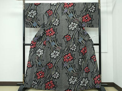 平和屋着物∴極上 夏物 浴衣 有松鳴海絞り 草花文 黒地 綿 逸品 CZAA4015s5