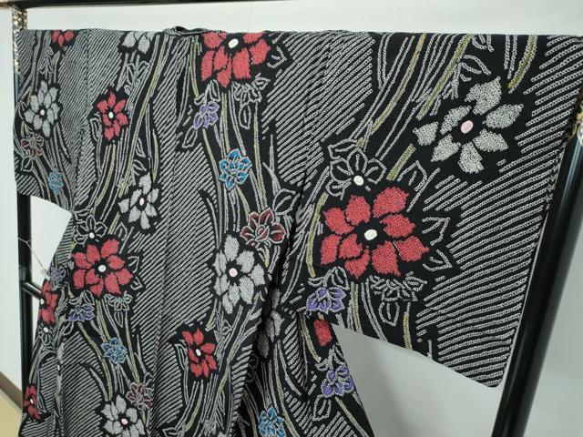 平和屋着物∴極上 夏物 浴衣 有松鳴海絞り 草花文 黒地 綿 逸品 CZAA4015s5
