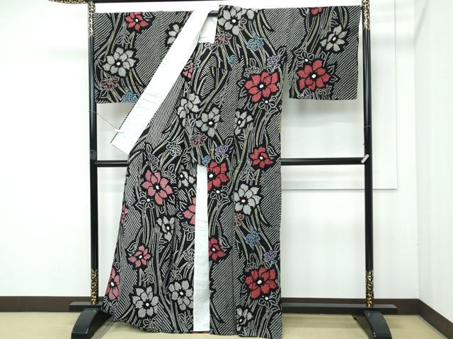 平和屋着物∴極上 夏物 浴衣 有松鳴海絞り 草花文 黒地 綿 逸品 CZAA4015s5