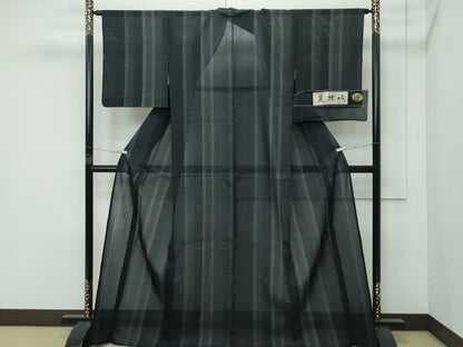 平和屋着物＊極上 夏物 夏結城 100亀甲 間道 黒地 証紙付き 逸品 未使用 CZAA4024s5