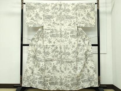 平和屋着物▽極上 生紬 単衣 風景文 逸品 未使用 CZAA4025s5
