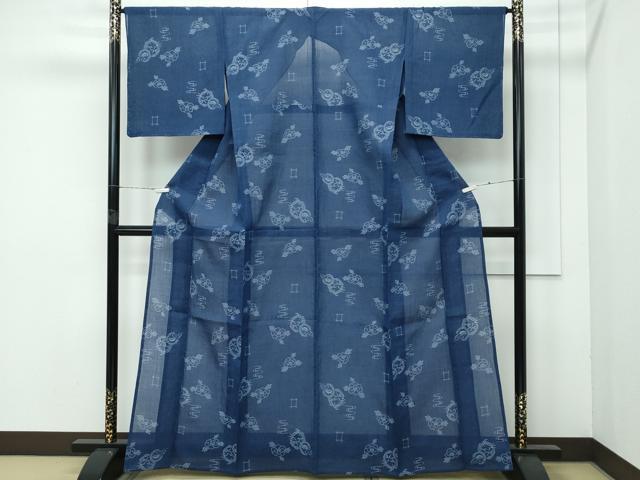 平和屋着物■極上　夏物　本場小千谷ちぢみ　笹松牡丹文　藍鉄色地　麻　逸品　未使用　CZAA4038s5
