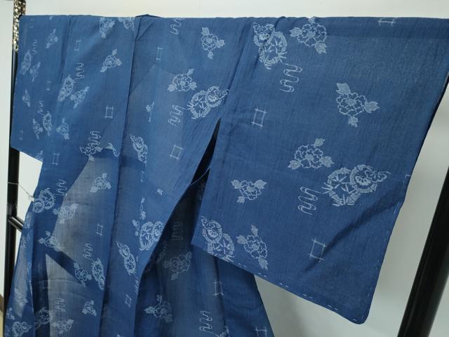 平和屋着物■極上　夏物　本場小千谷ちぢみ　笹松牡丹文　藍鉄色地　麻　逸品　未使用　CZAA4038s5