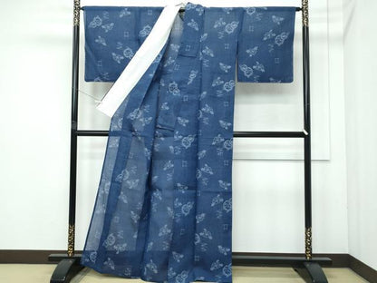 平和屋着物■極上　夏物　本場小千谷ちぢみ　笹松牡丹文　藍鉄色地　麻　逸品　未使用　CZAA4038s5