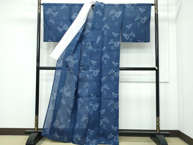 平和屋着物■極上　夏物　本場小千谷ちぢみ　笹松牡丹文　藍鉄色地　麻　逸品　未使用　CZAA4038s5