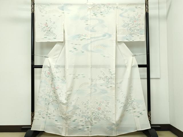 平和屋本店＊極上 夏物 訪問着 絽 駒刺繍 流水風景文 暈し染め 金銀彩 砂色地 三越扱い 逸品 未使用 CZAA4039s5
