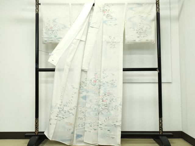 平和屋本店＊極上 夏物 訪問着 絽 駒刺繍 流水風景文 暈し染め 金銀彩 砂色地 三越扱い 逸品 未使用 CZAA4039s5