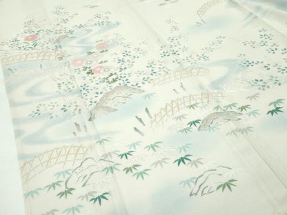 平和屋本店＊極上 夏物 訪問着 絽 駒刺繍 流水風景文 暈し染め 金銀彩 砂色地 三越扱い 逸品 未使用 CZAA4039s5