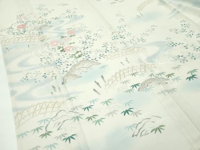 平和屋本店＊極上 夏物 訪問着 絽 駒刺繍 流水風景文 暈し染め 金銀彩 砂色地 三越扱い 逸品 未使用 CZAA4039s5