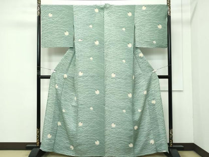 平和屋着物＊極上 夏物 小紋 絽 蛍暈し 蛍芝草文 老竹色地 逸品 CZAA4042s5