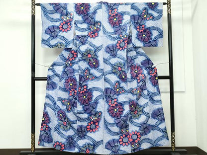 平和屋着物∴極上 夏物 浴衣 有松鳴海絞り 花蝶扇文 綿 逸品 CZAA4053s5