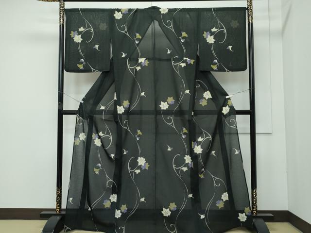 平和屋着物■極上 夏物 パリコレクション ファッションモデル・デザイナー 山口小夜子 小紋 銀 楓 唐草文 黒地 洗える着物 逸品 CZAA4090s5