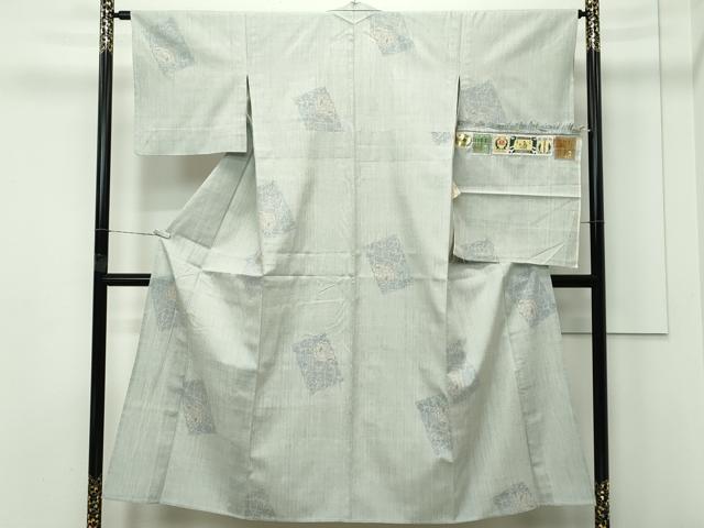 平和屋着物▽極上 本場結城紬 重要無形文化財 単衣 100亀甲 飛び亀甲柄 色紙牡丹文 柳鼠色地 証紙付き 逸品 CZAA4098s5