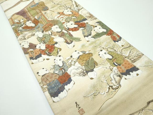 平和屋本店■極上　アンティーク　大正ロマン　丸帯　綴れ　手描き　唐子　金糸　逸品　CZAA4132s5