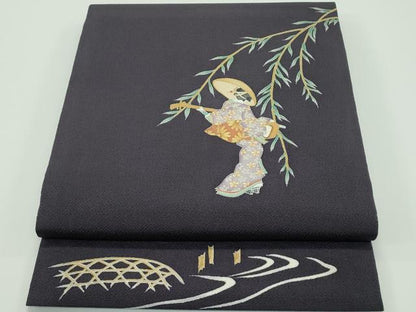 平和屋着物●極上 九寸開き名古屋帯 友禅 刺繍 枝垂れ柳人物文 金彩 鬼しぼ縮緬 紫黒色地 逸品 CZAA4136s5