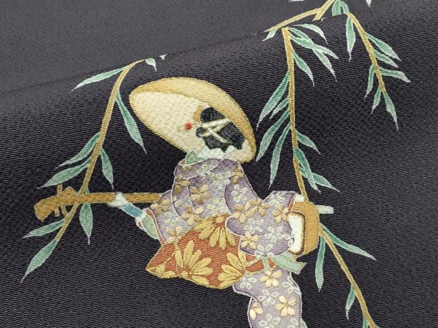 平和屋着物●極上 九寸開き名古屋帯 友禅 刺繍 枝垂れ柳人物文 金彩 鬼しぼ縮緬 紫黒色地 逸品 CZAA4136s5