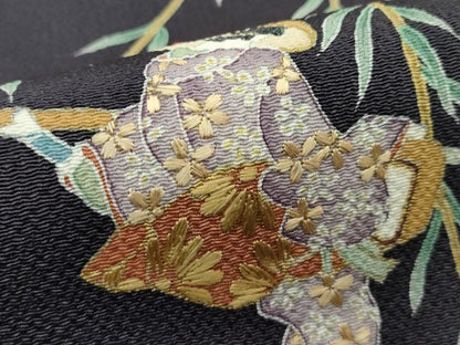 平和屋着物●極上 九寸開き名古屋帯 友禅 刺繍 枝垂れ柳人物文 金彩 鬼しぼ縮緬 紫黒色地 逸品 CZAA4136s5